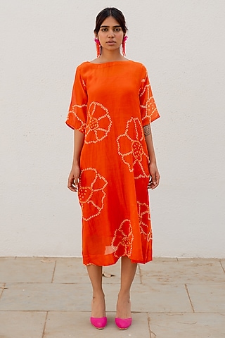 Burnt Orange Chanderi Bandhani Tie-Dyed A-Line Dress by Silai Studio