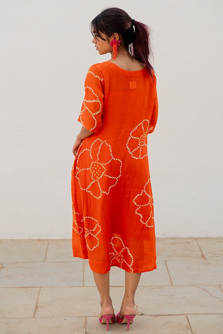 Burnt Orange Chanderi Bandhani Tie-Dyed A-Line Summer Dress by Silai Studio at Pernia's Pop Up Shop