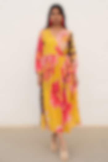 Yellow Silk Voile Printed Wrap Dress by Silai Studio at Pernia's Pop Up Shop