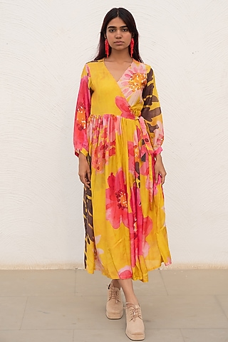 Yellow Silk Voile Printed Wrap Dress by Silai Studio