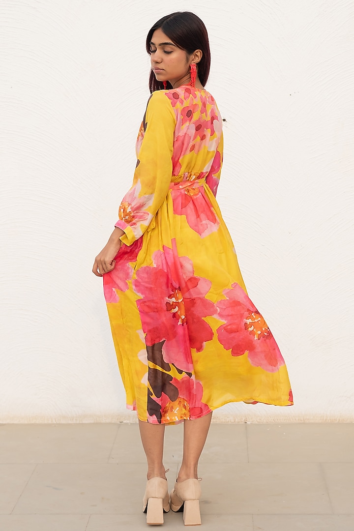 Yellow Silk Voile Printed Wrap Summer Dress by Silai Studio at Pernia's Pop Up Shop