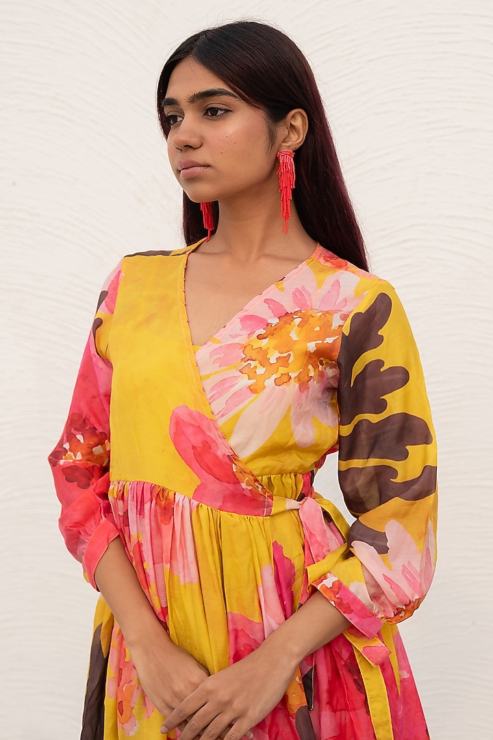 Yellow Silk Voile Printed Wrap Summer Dress by Silai Studio at Pernia's Pop Up Shop