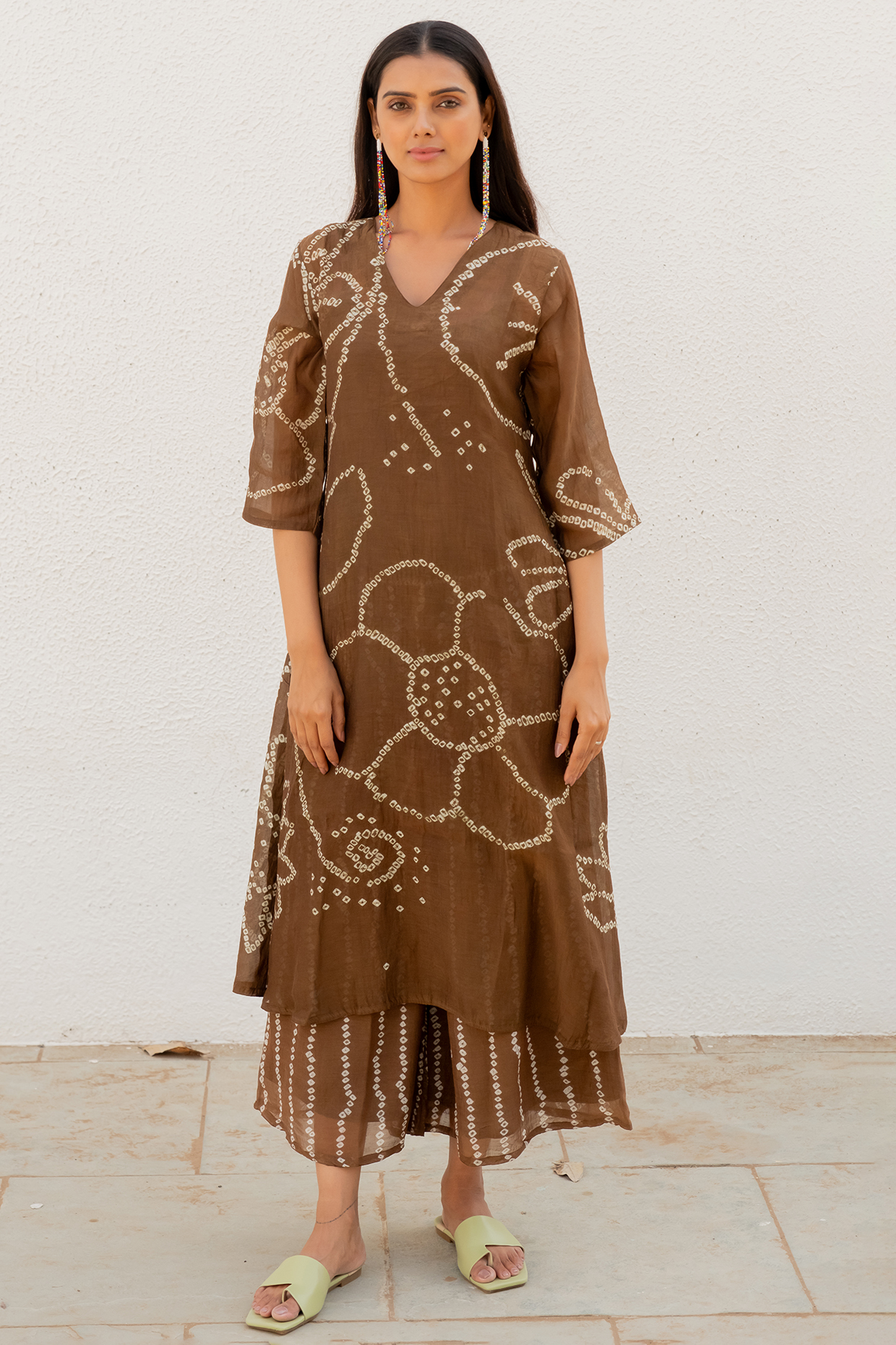Brown Chanderi Bandhani A-Line Kurta by Silai Studio at Pernia's Pop Up Shop