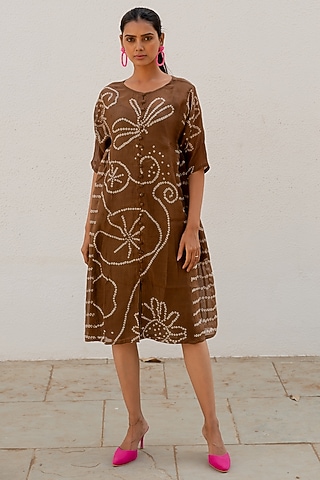 Brown Chanderi Hand-Tied Bandhej Gathered Dress by Silai Studio