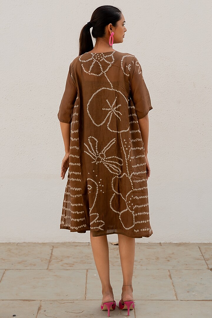 Brown Chanderi Hand-Tied Bandhej Gathered Summer Dress by Silai Studio at Pernia's Pop Up Shop