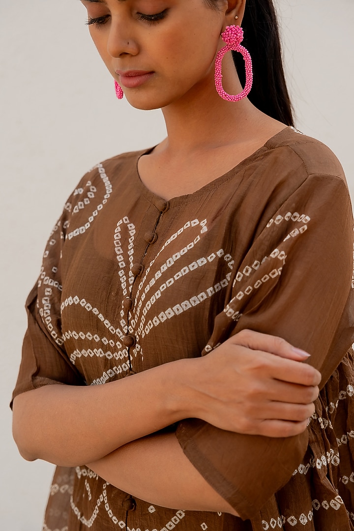 Brown Chanderi Hand-Tied Bandhej Gathered Summer Dress by Silai Studio at Pernia's Pop Up Shop