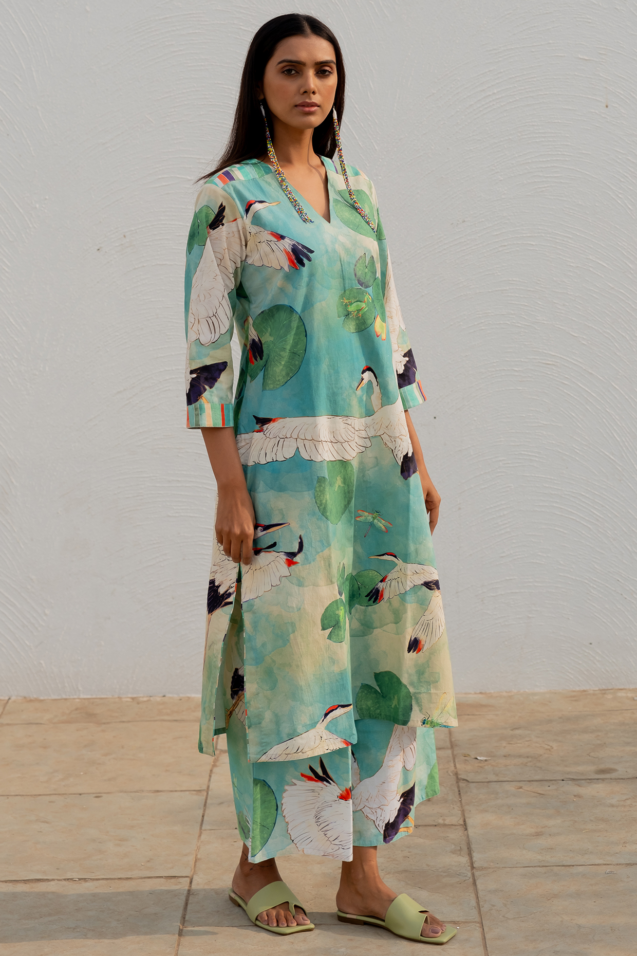 Green Cotton Printed A-Line Kurta Set by Silai Studio at Pernia's Pop Up Shop