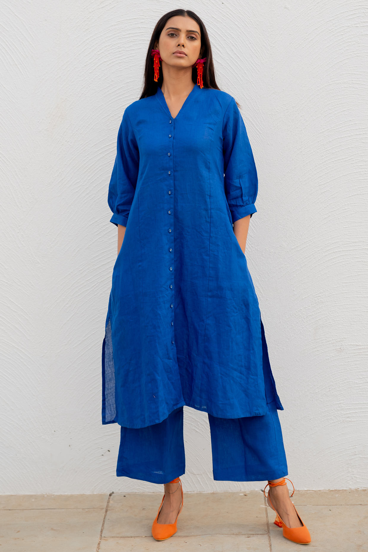 Blue Linen Button-Down Kurta by Silai Studio at Pernia's Pop Up Shop