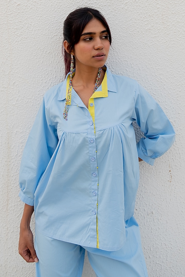 Blue Cotton Poplin Beads Work Gathered Shirt by Silai Studio at Pernia's Pop Up Shop