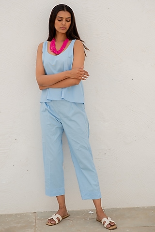 Blue Cotton Poplin Beads Work Racer-Back Top by Silai Studio