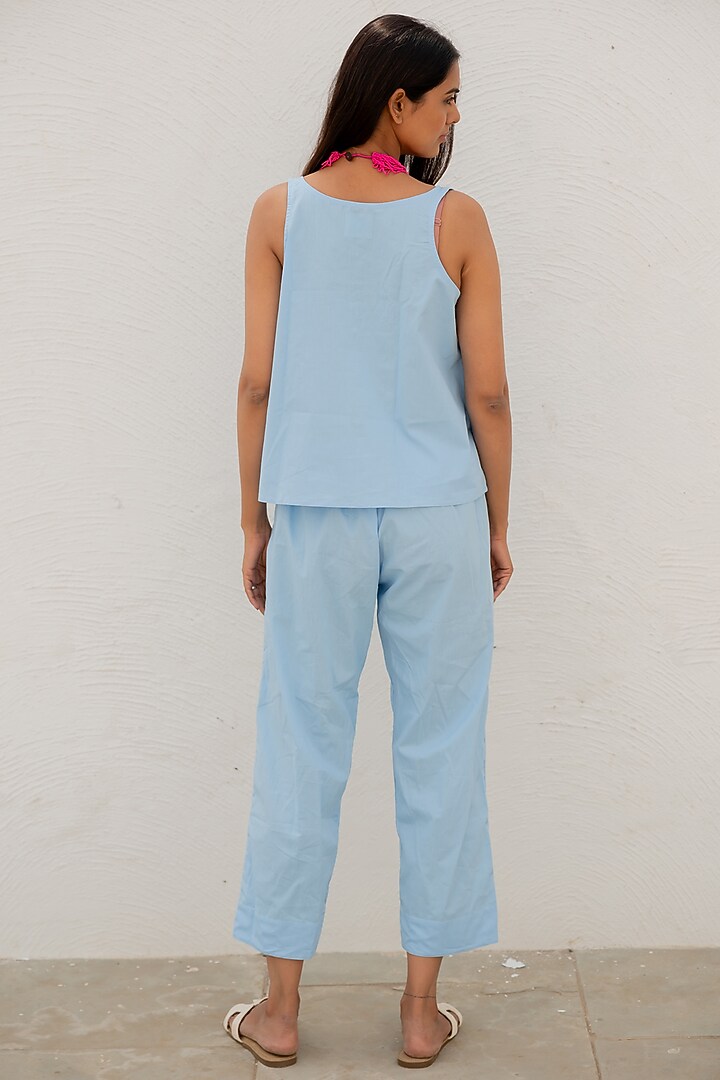 Blue Cotton Poplin Beads Work Racer-Back Top by Silai Studio at Pernia's Pop Up Shop