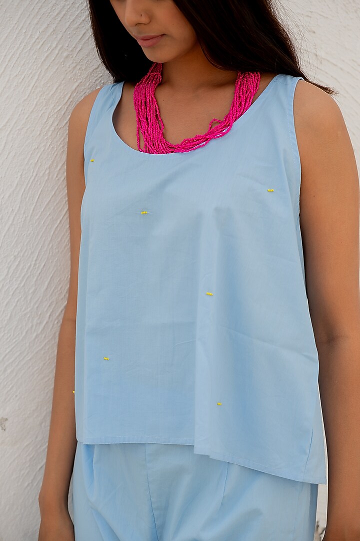 Blue Cotton Poplin Beads Work Racer-Back Top by Silai Studio at Pernia's Pop Up Shop