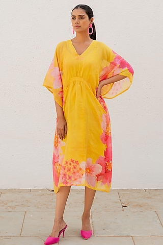 Yellow Chanderi Floral Printed Kaftan Dress by Silai Studio