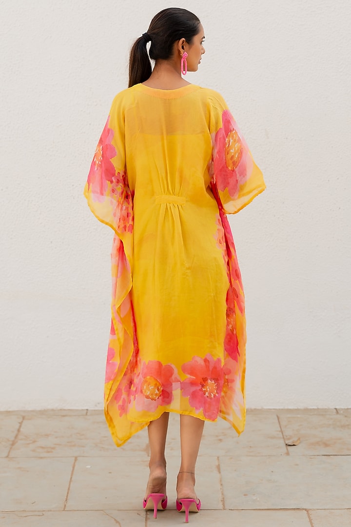 Yellow Chanderi Floral Printed Kaftan Summer Dress by Silai Studio at Pernia's Pop Up Shop