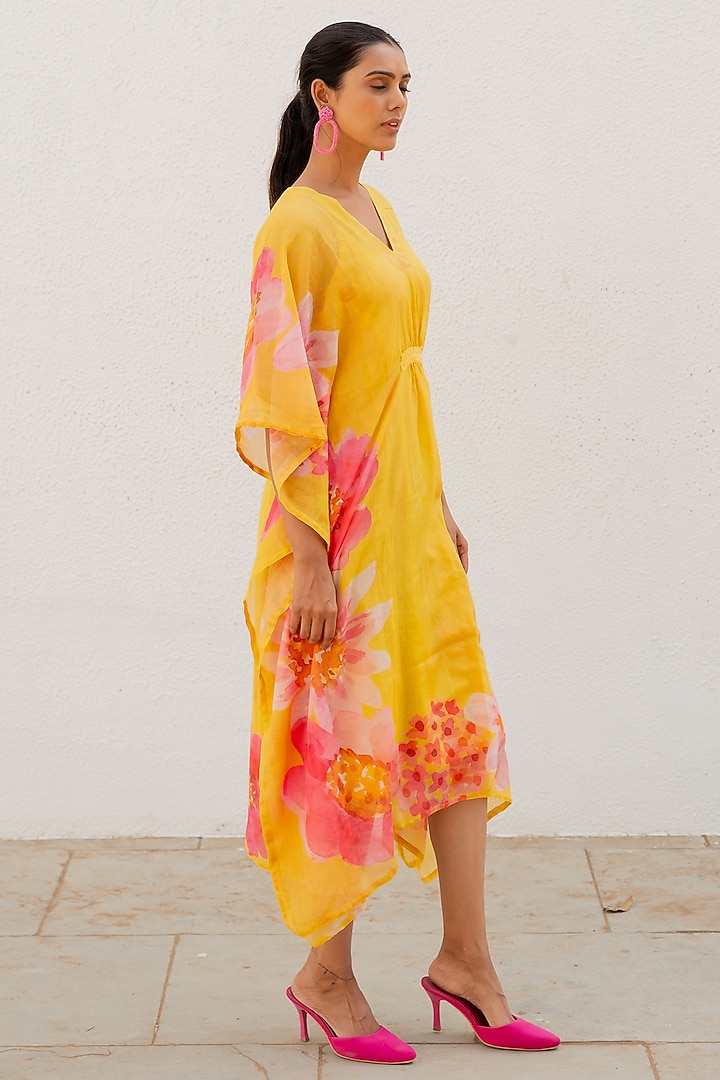 Yellow Chanderi Floral Printed Kaftan Summer Dress by Silai Studio at Pernia's Pop Up Shop