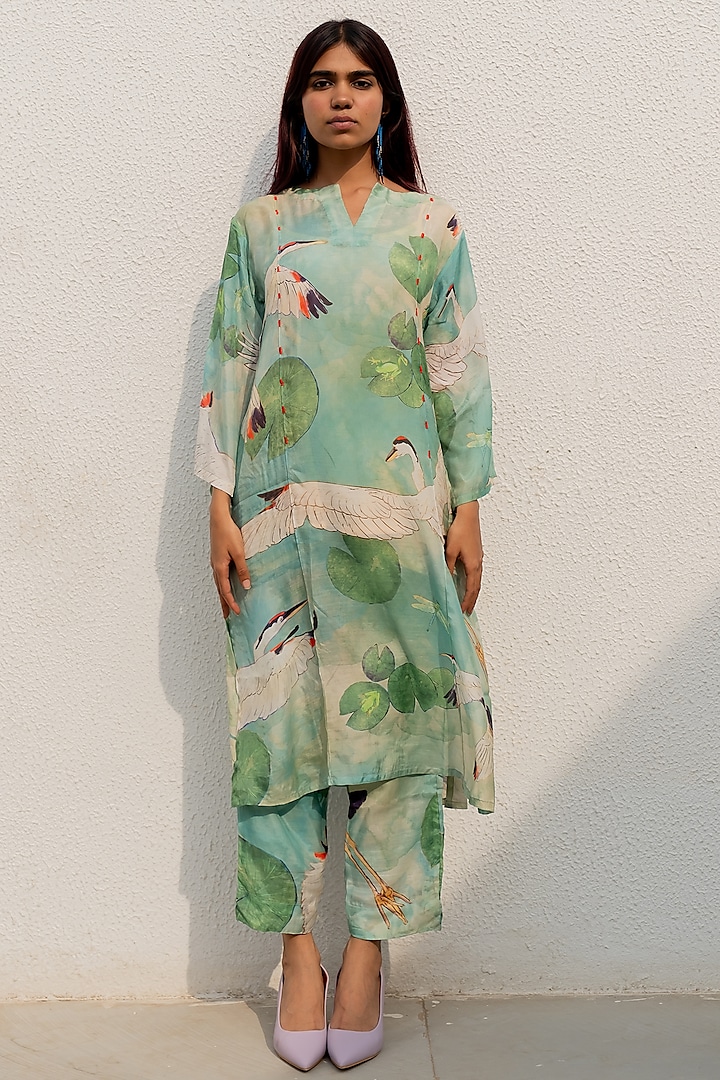 Green Silk Voile Printed Straight Kurta Set by Silai Studio at Pernia's Pop Up Shop