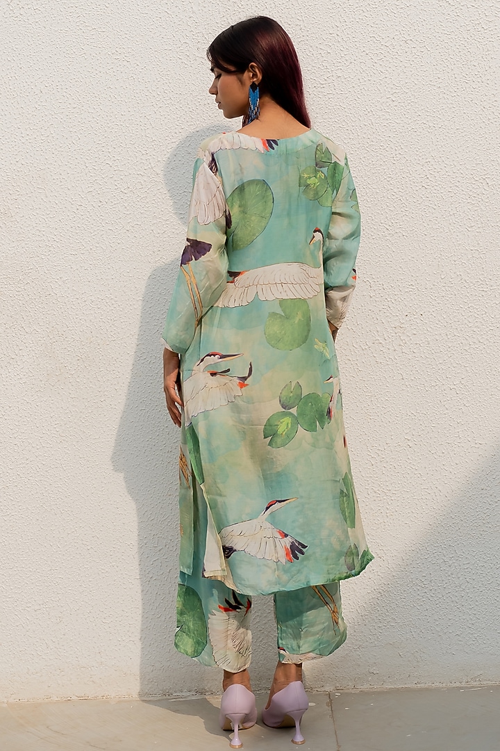 Green Silk Voile Printed Straight Kurta Set by Silai Studio at Pernia's Pop Up Shop
