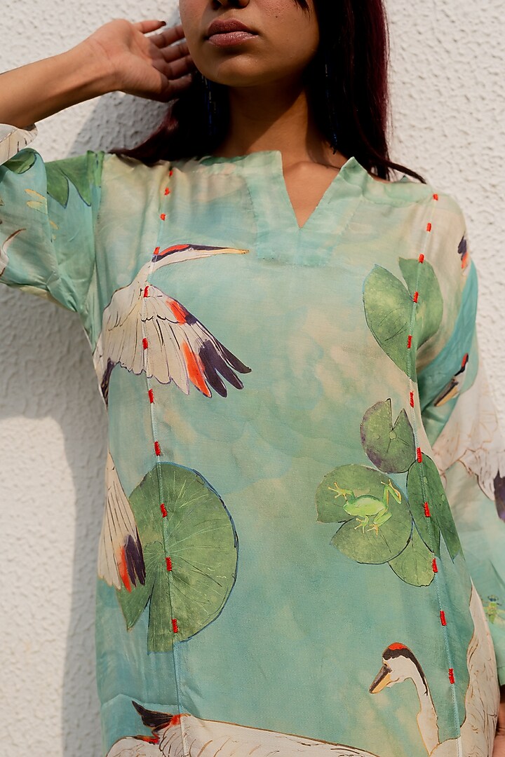 Green Silk Voile Printed Straight Kurta Set by Silai Studio at Pernia's Pop Up Shop