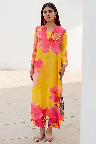 Yellow Silk Voile Printed Kurta Set by Silai Studio