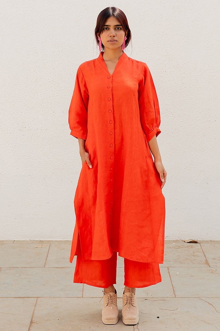 Orange Linen Kurta Set by Silai Studio at Pernia's Pop Up Shop