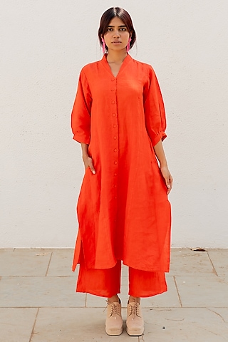 Orange Linen Kurta Set by Silai Studio
