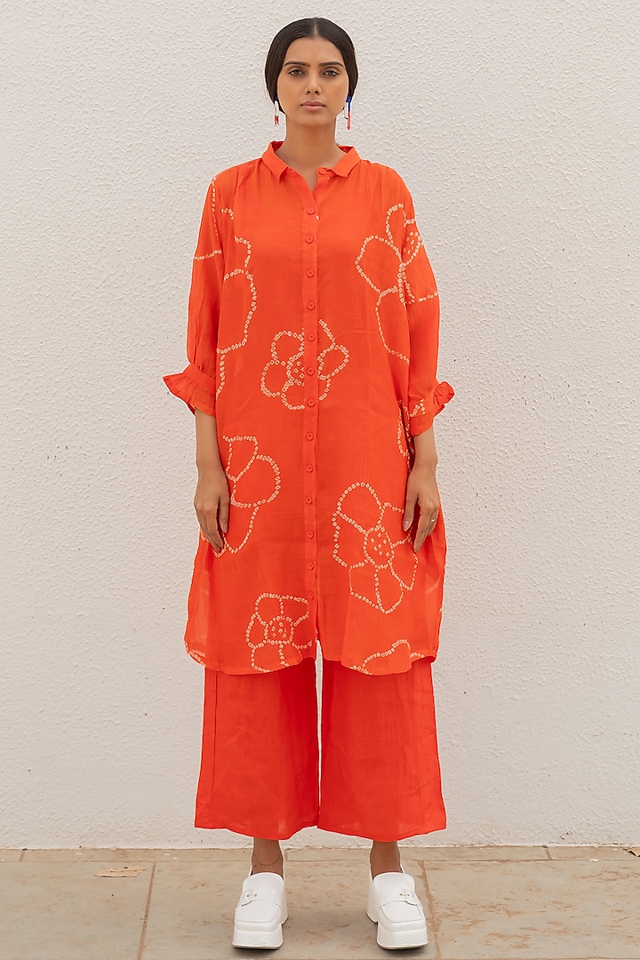 Orange Chanderi Hand-Tied Bandhani Printed Tunic Set by Silai Studio at Pernia's Pop Up Shop