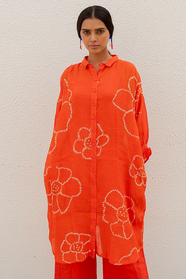 Orange Chanderi Hand-Tied Bandhani Printed Tunic Set by Silai Studio at Pernia's Pop Up Shop