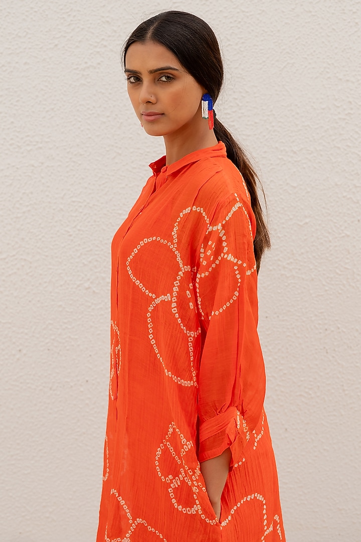 Orange Chanderi Hand-Tied Bandhani Printed Tunic Set by Silai Studio at Pernia's Pop Up Shop
