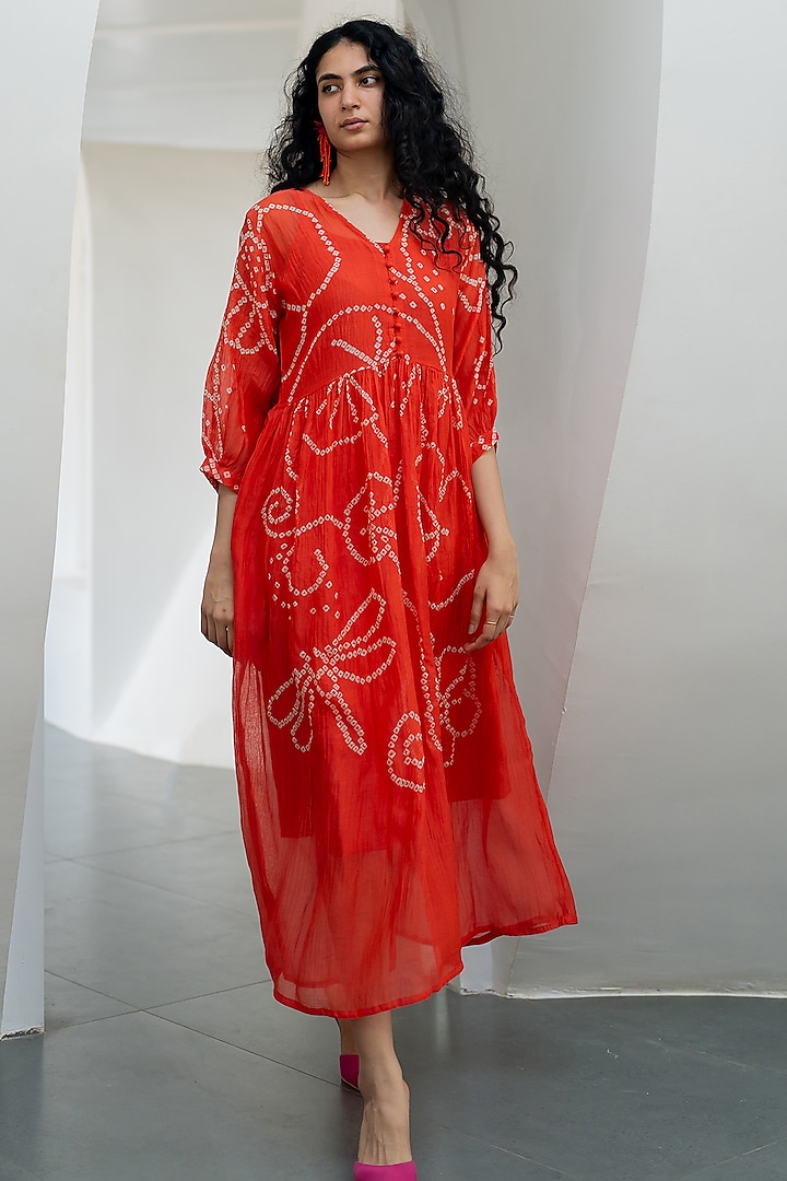 Orange Chanderi Bandhani Dress by Silai Studio at Pernia's Pop Up Shop