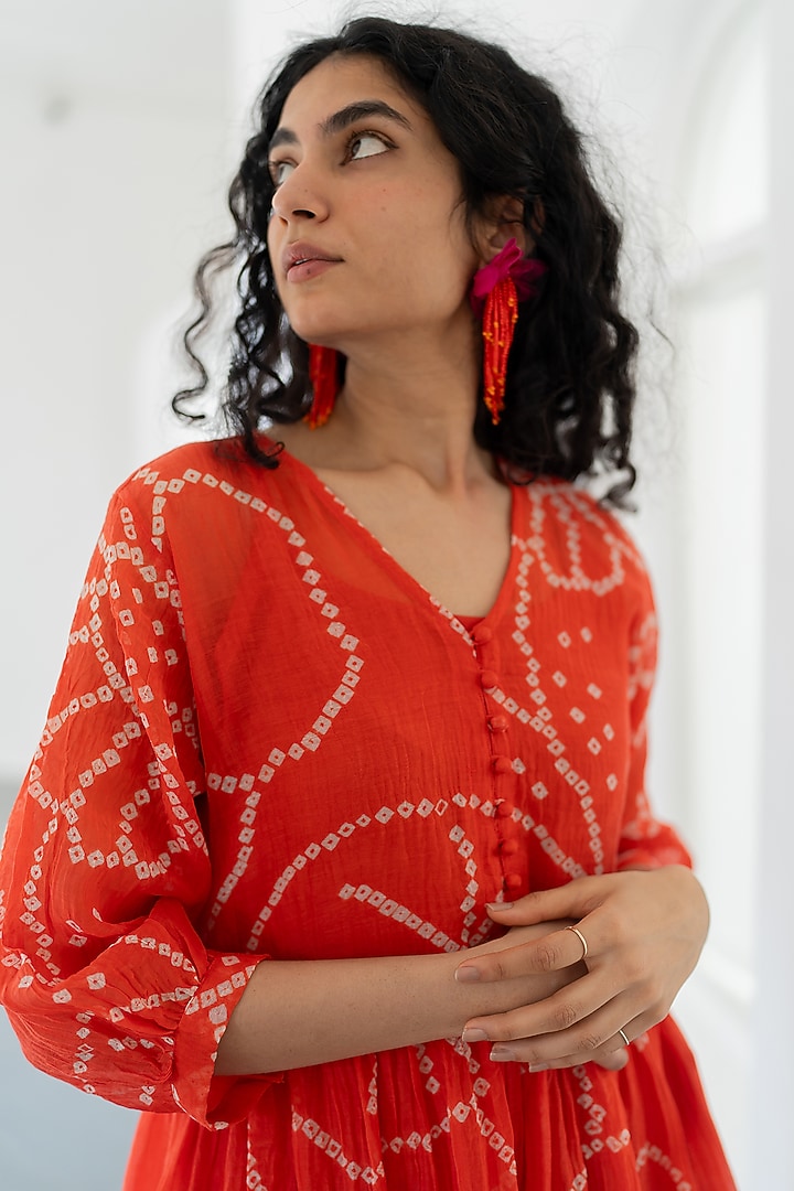 Orange Chanderi Bandhani Summer Dress by Silai Studio at Pernia's Pop Up Shop