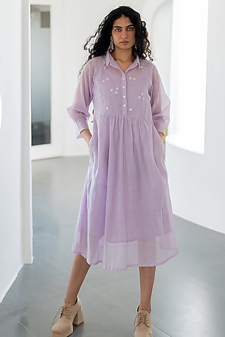 Purple Chanderi Embroidered Dress by Silai Studio