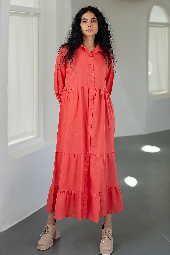 Coral Handwoven Cotton Beads Embroidered Dress by Silai Studio at Pernia's Pop Up Shop