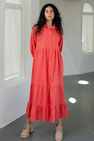 Coral Handwoven Cotton Beads Embroidered Dress by Silai Studio