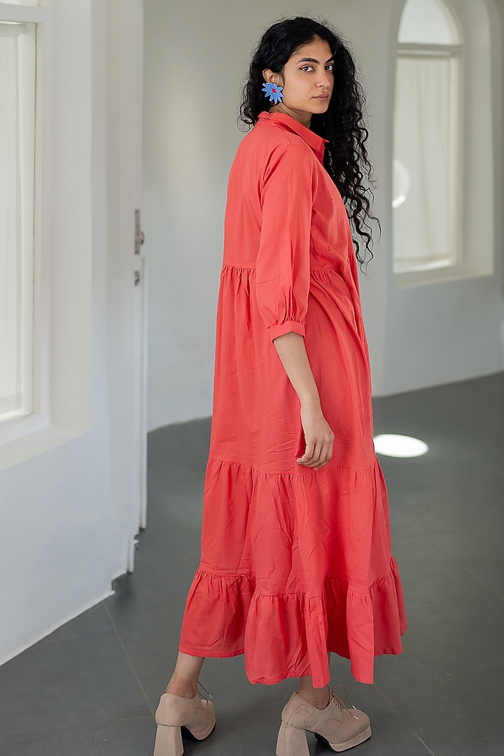 Coral Handwoven Cotton Beads Embroidered Summer Dress by Silai Studio at Pernia's Pop Up Shop