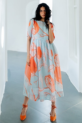 Blue Chanderi Mandarin Printed Dress by Silai Studio