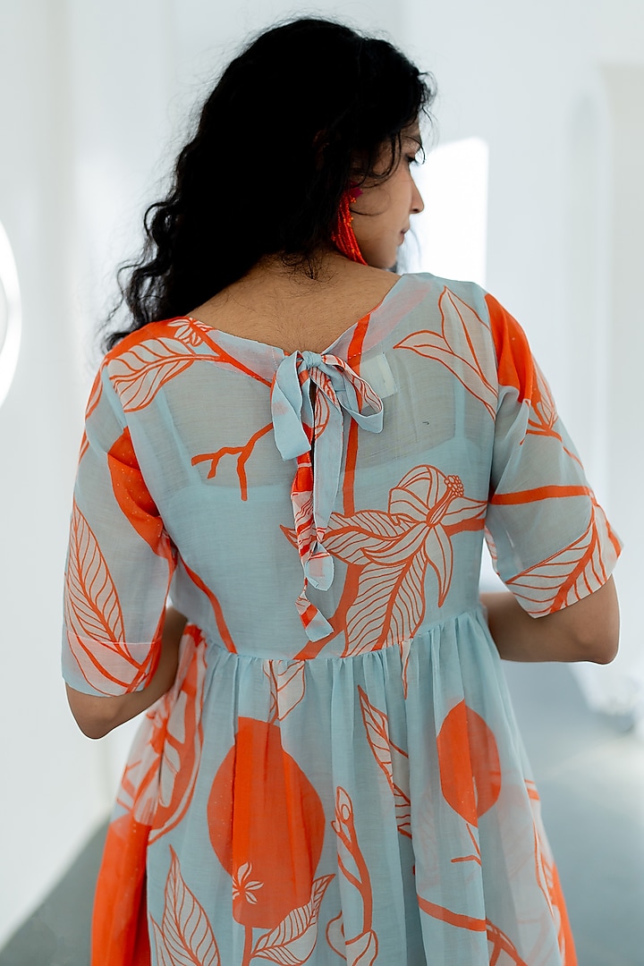 Blue Chanderi Mandarin Printed Dress by Silai Studio at Pernia's Pop Up Shop