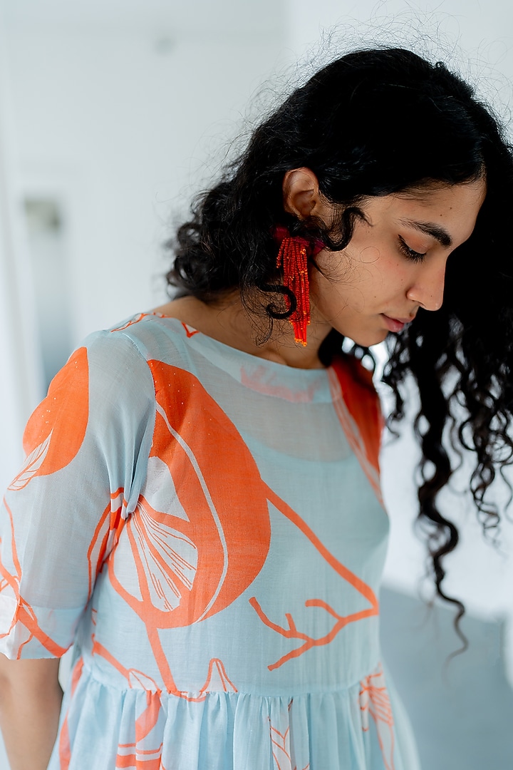 Blue Chanderi Mandarin Printed Summer Dress by Silai Studio at Pernia's Pop Up Shop