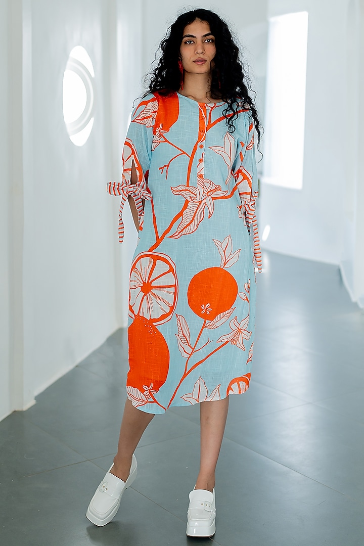 Blue Chanderi Mandarin Printed Dress by Silai Studio at Pernia's Pop Up Shop