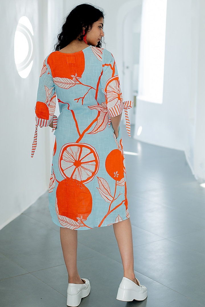Blue Chanderi Mandarin Printed Summer Dress by Silai Studio at Pernia's Pop Up Shop