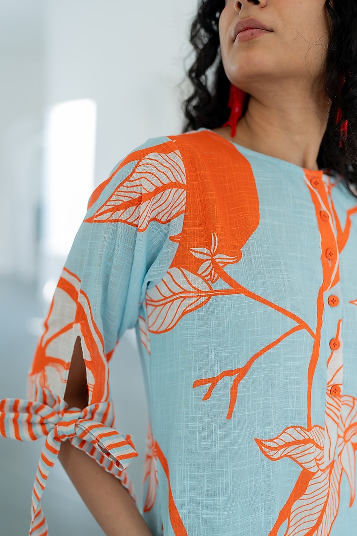 Blue Chanderi Mandarin Printed Summer Dress by Silai Studio at Pernia's Pop Up Shop