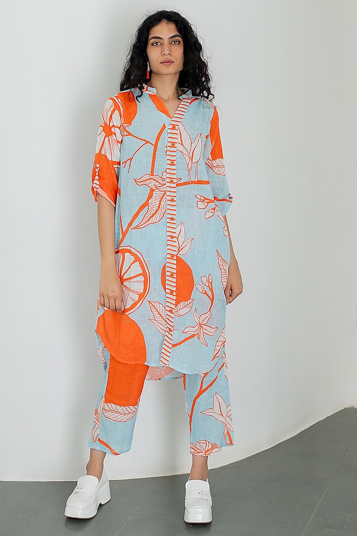 Blue Cotton Mandarin Printed High-Low Tunic Set by Silai Studio at Pernia's Pop Up Shop