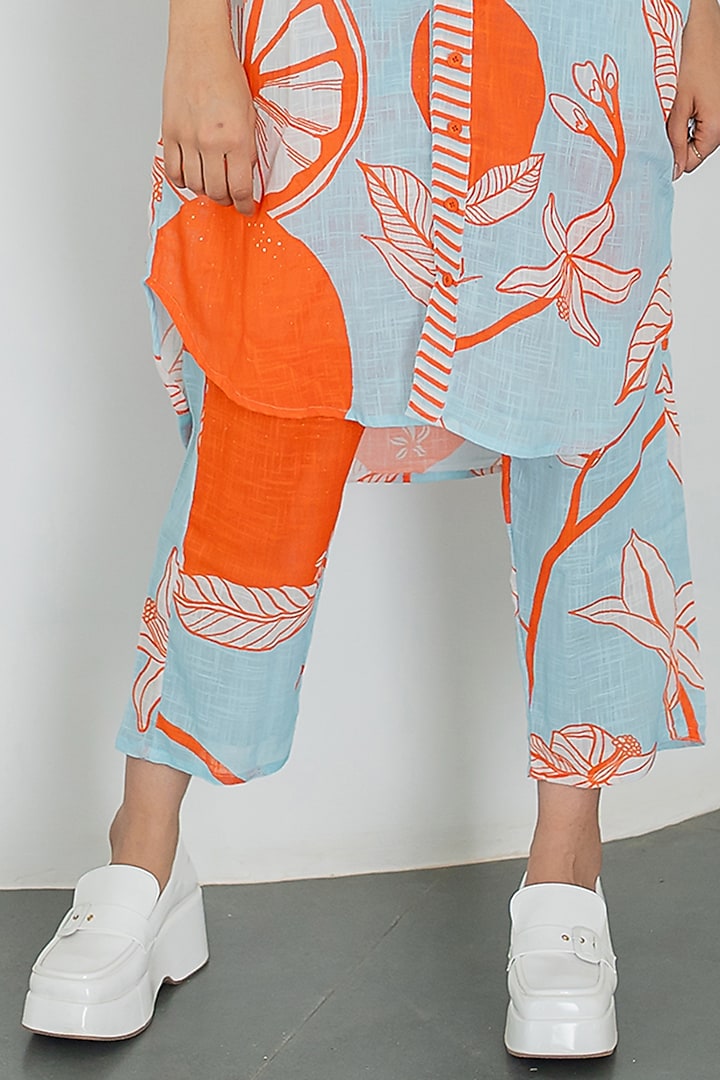 Blue Cotton Mandarin Printed High-Low Tunic Set by Silai Studio at Pernia's Pop Up Shop