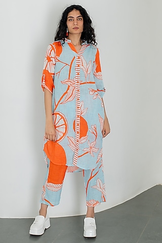 Blue Cotton Mandarin Printed High-Low Tunic by Silai Studio