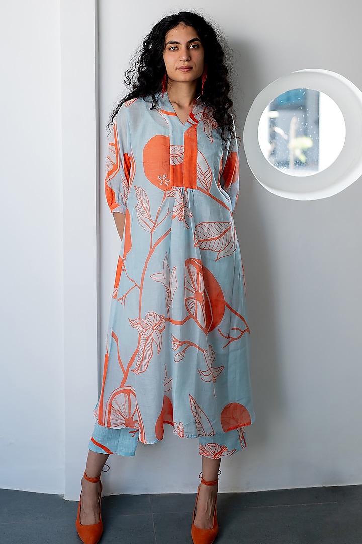 Blue Chanderi Mandarin Printed Kurta by Silai Studio