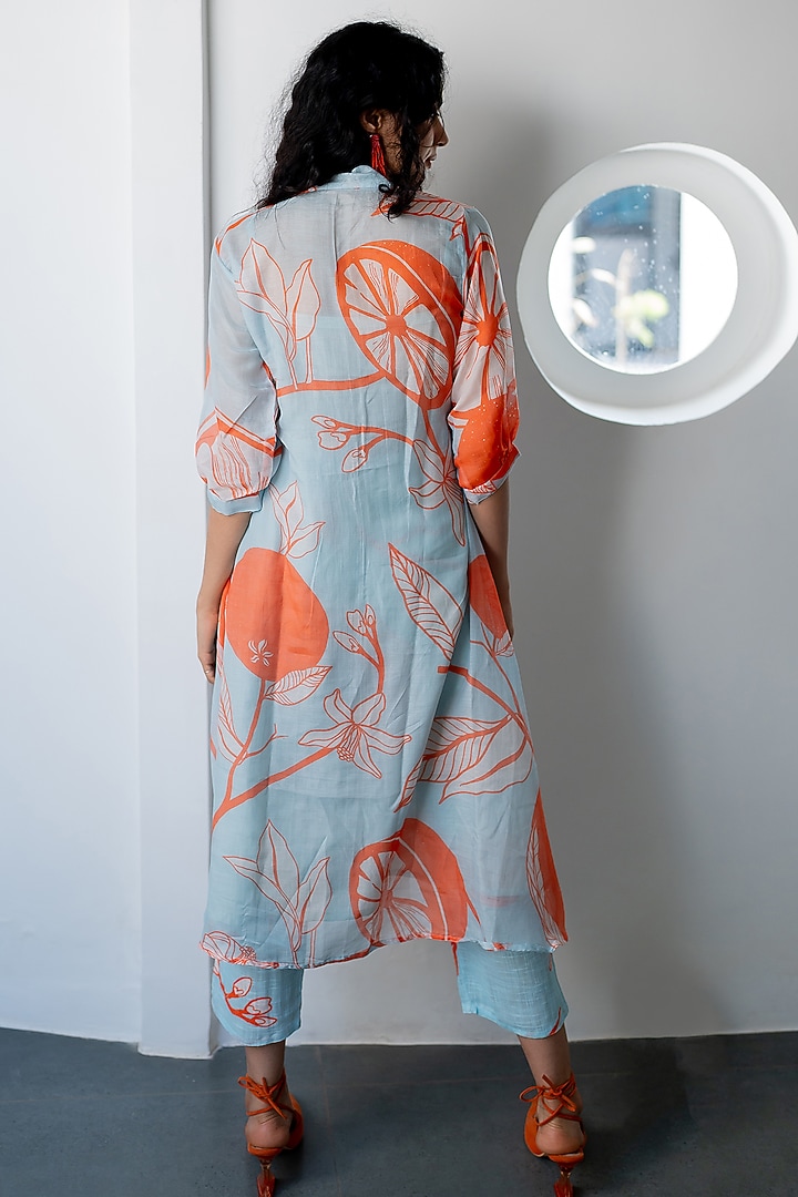 Blue Chanderi Mandarin Printed Kurta by Silai Studio at Pernia's Pop Up Shop