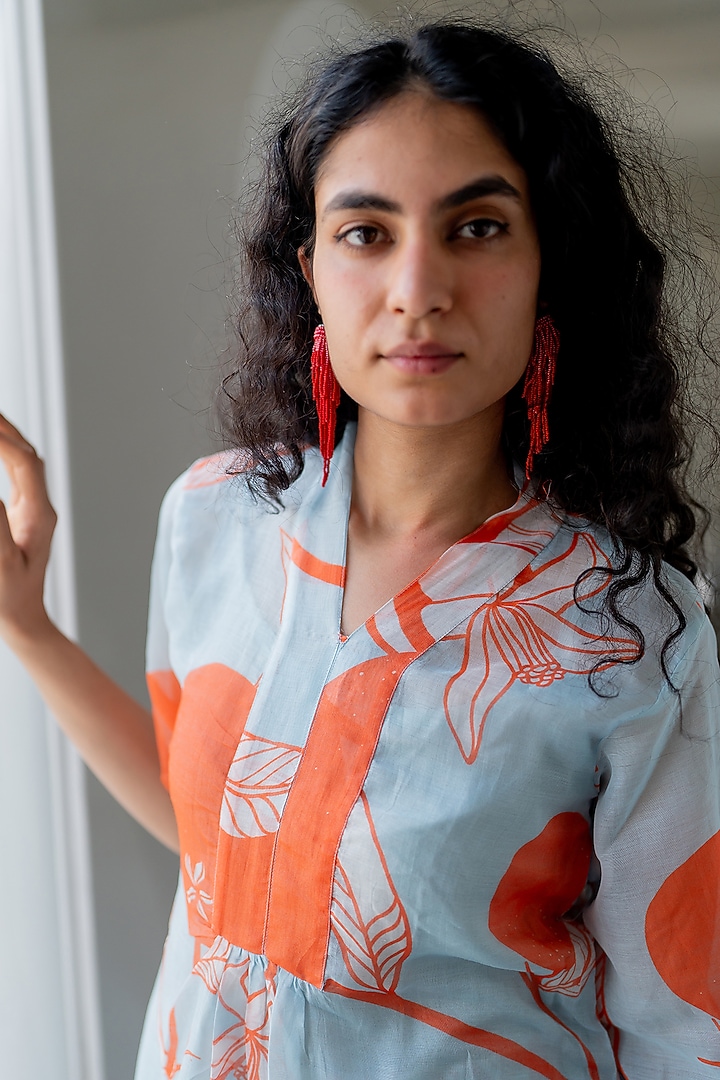 Blue Chanderi Mandarin Printed Kurta by Silai Studio at Pernia's Pop Up Shop