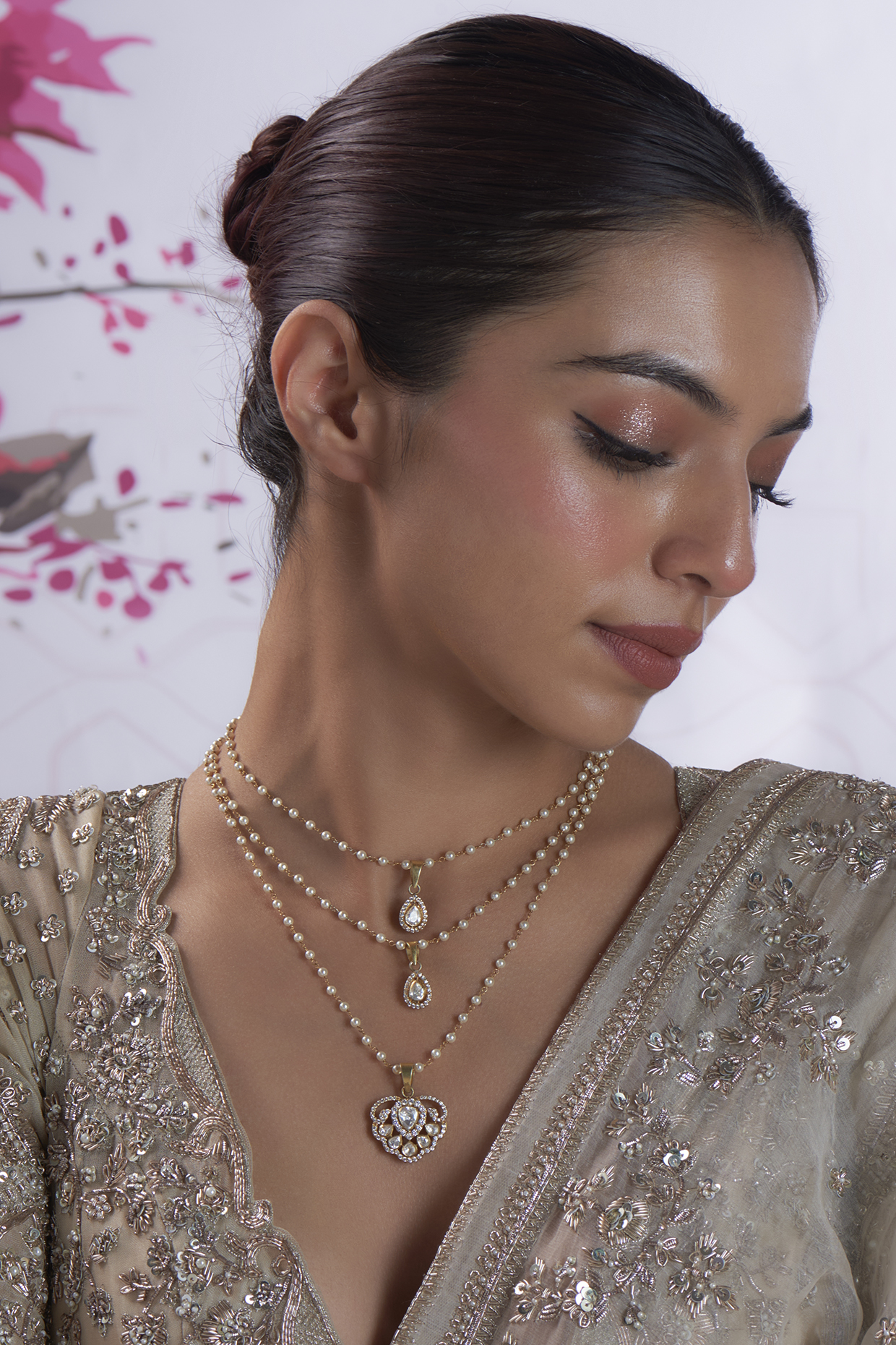 Gold Finish Pearl & Moissanite Polki Layered Necklace In Sterling Silver by Silverika at Pernia's Pop Up Shop