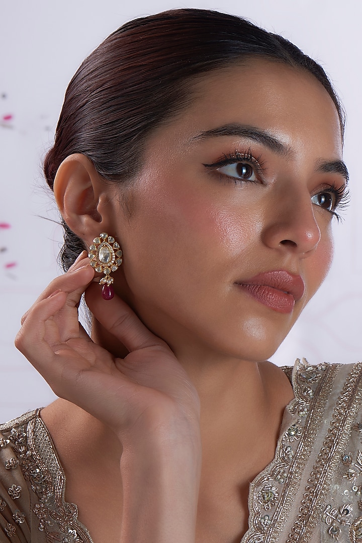 Gold Finish Zircon & Kundan Polki Dangler Earrings In Sterling Silver by Silverika at Pernia's Pop Up Shop