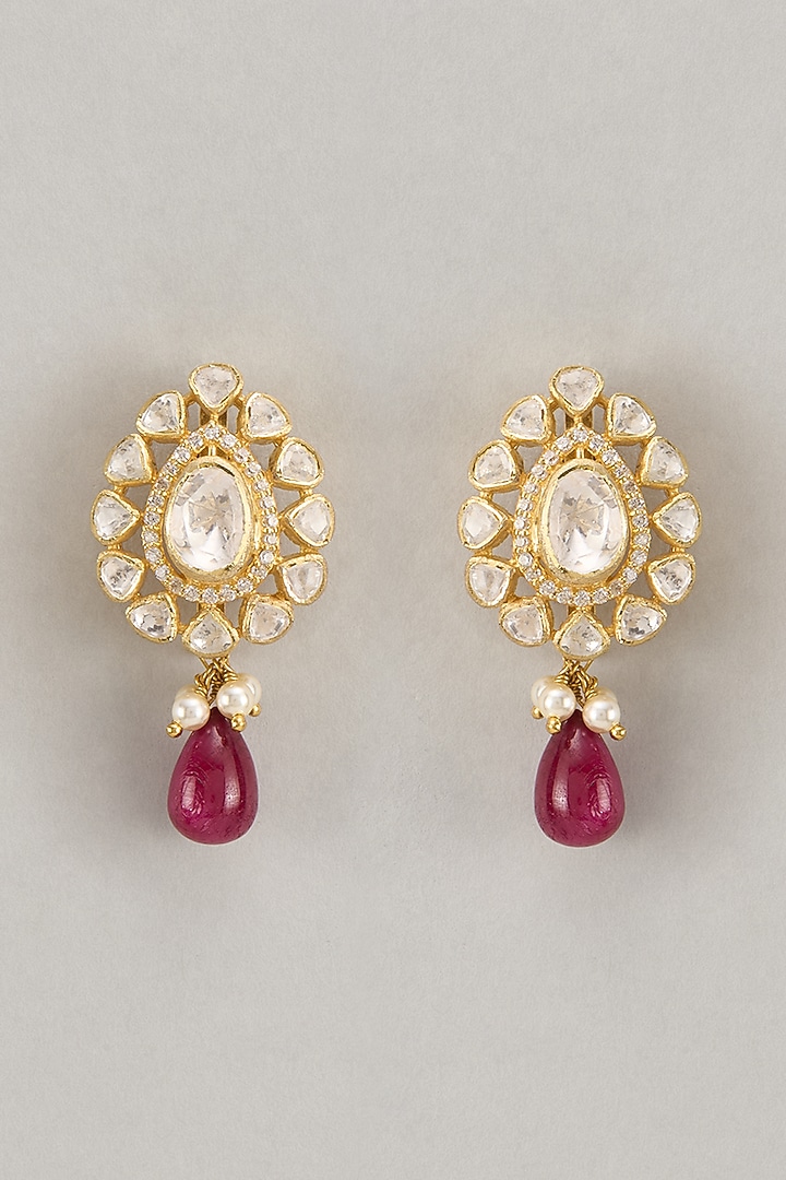 Gold Finish Zircon & Kundan Polki Dangler Earrings In Sterling Silver by Silverika at Pernia's Pop Up Shop