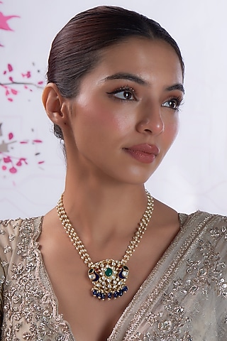 Gold Finish Pearl & Kundan Polki Necklace In Sterling Silver by Silverika